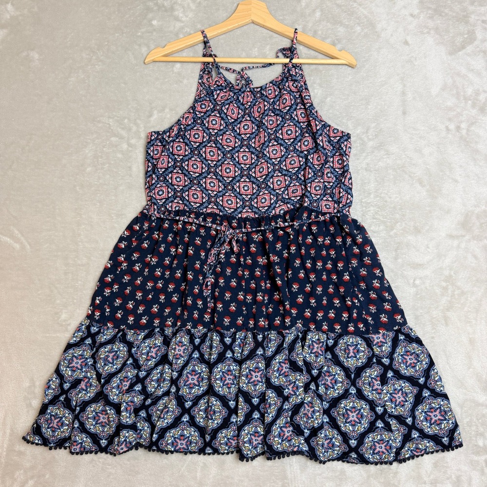Hollister Boho Tiered Halter Mini Dress Womens Medium Blue Red Floral Geometric